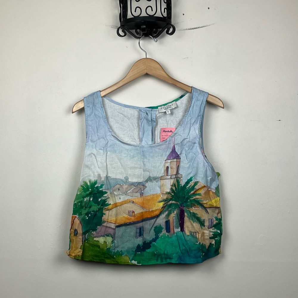 Calypso St Barth Linen Blend Watercolor Village Print Button Back Tank Top XL